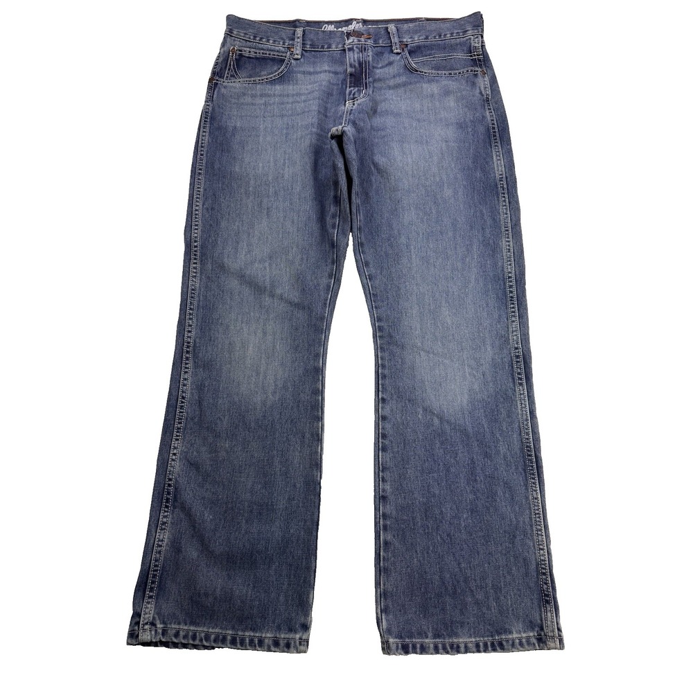 Wrangler Retro Jeans Men's 34x30 Blue Relaxed Boot Whisker Distressed Denim